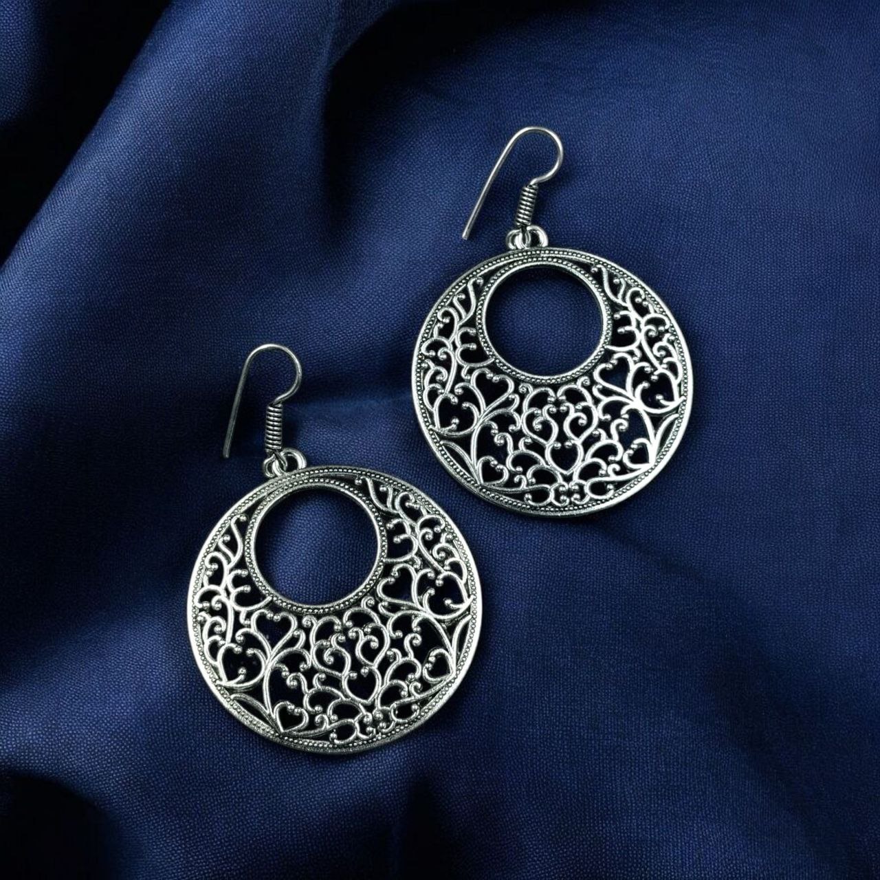 German Silver Floral Art Circle Dangler Earrings | Ethnic Hook Style Unique Jewelry For Girls - Image 4