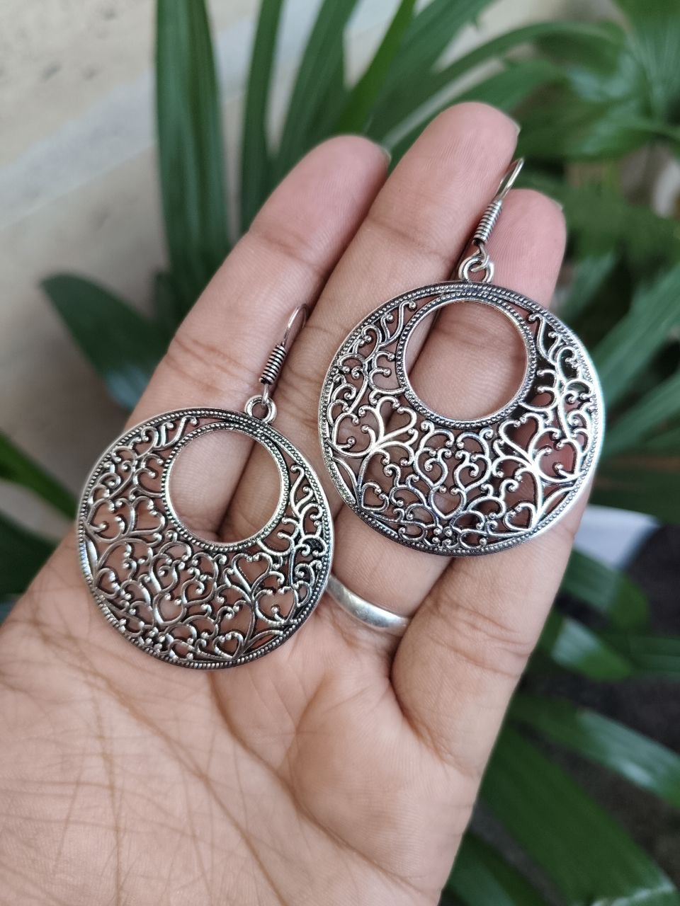 German Silver Floral Art Circle Dangler Earrings | Ethnic Hook Style Unique Jewelry For Girls - Image 3