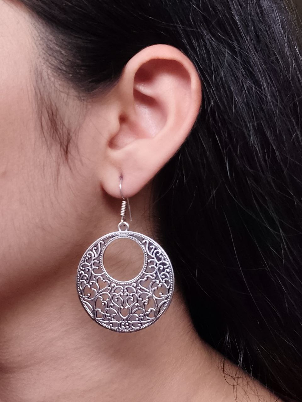 German Silver Floral Art Circle Dangler Earrings | Ethnic Hook Style Unique Jewelry For Girls