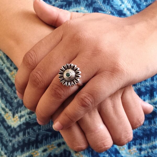 Antique Style Oxidized Flower Design Ring | Adjustable Silver Replica Stone Adorable Jewelry - "Green"