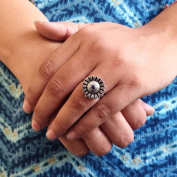 Antique Style Oxidized Flower Design Ring | Adjustable Silver Replica Stone Adorable Jewelry - "Blue"