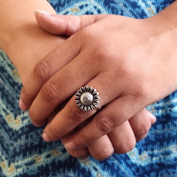 Antique Style Oxidized Flower Design Ring | Adjustable Silver Replica Stone Adorable Jewelry - "Baby Pink"