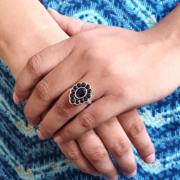 Unique Ethnic Adjustable Stone Ring | Silver Plated Oxidized Daily Wear Jewelry - "Black"