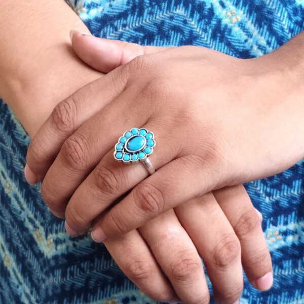 Unique Ethnic Adjustable Stone Ring | Silver Plated Oxidized Daily Wear Jewelry - "Aqua"
