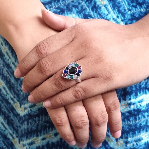 Unique Ethnic Adjustable Stone Ring | Silver Plated Oxidized Daily Wear Jewelry - "Multi"