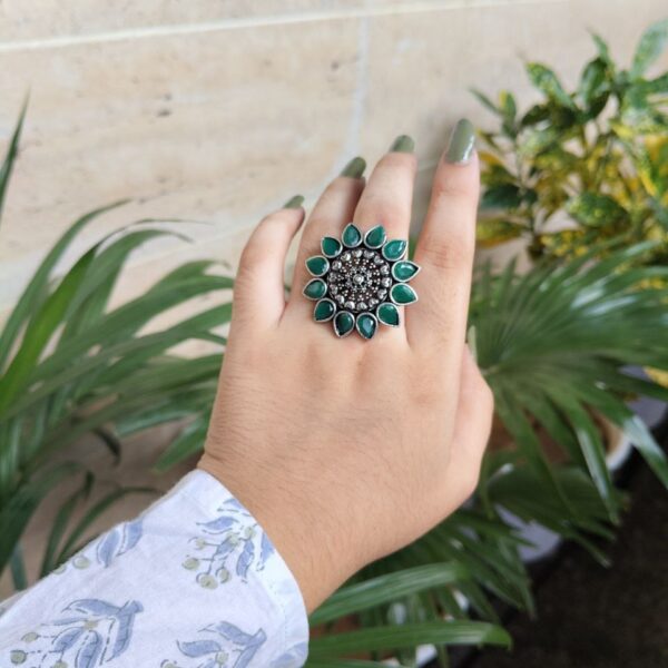 Silver Plated Flower Design Rings | Oxidized Stone Work Jewelry - "Green"
