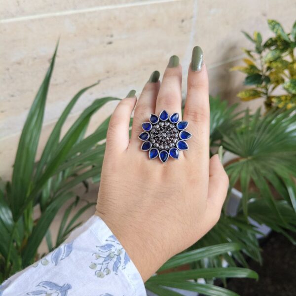 Silver Plated Flower Design Rings | Oxidized Stone Work Jewelry - "Blue"