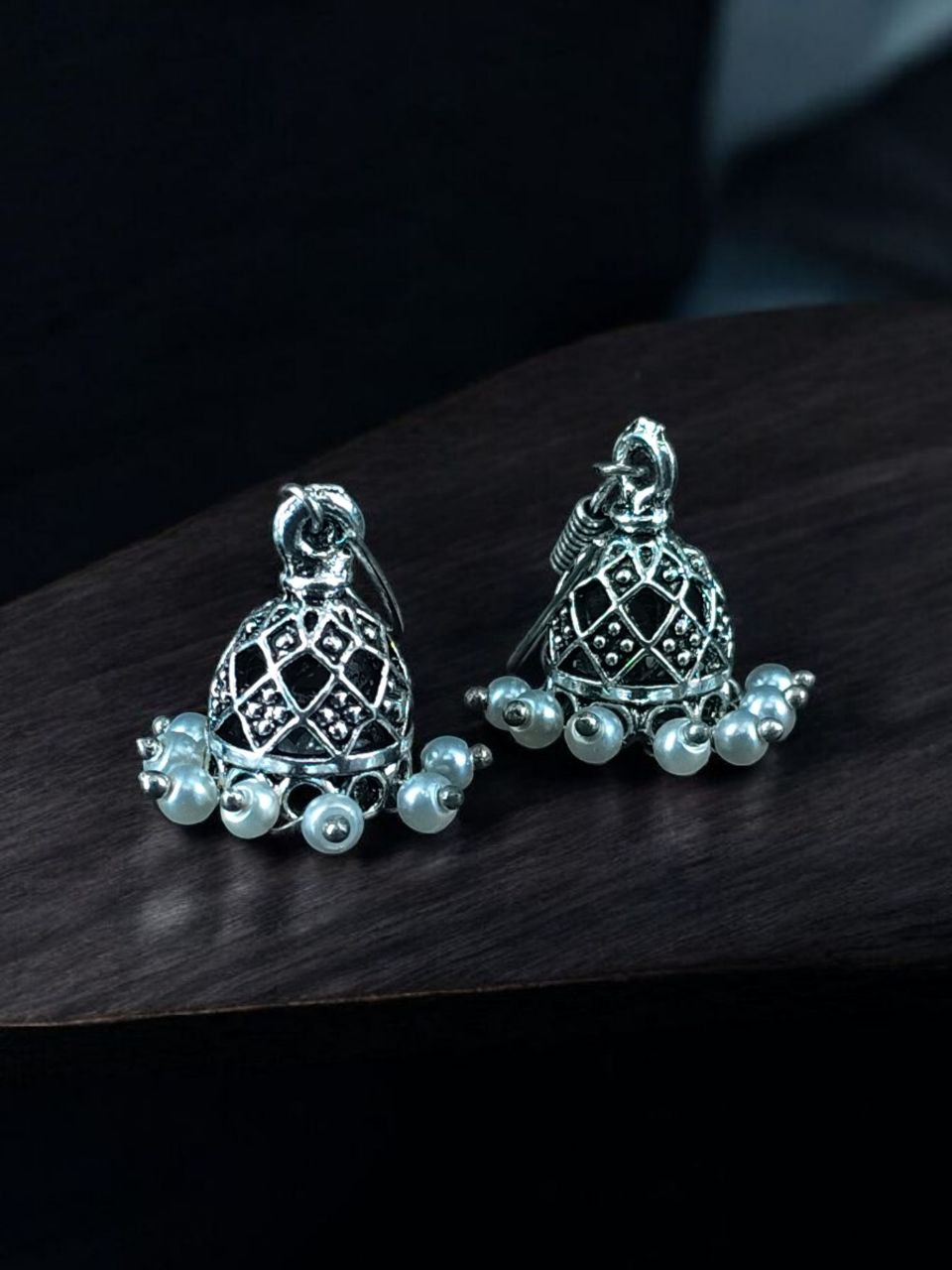 Unique Design Jhumki Earrings | Oxidized German Silver with Elegant Pearl Work Jewelry - Image 3