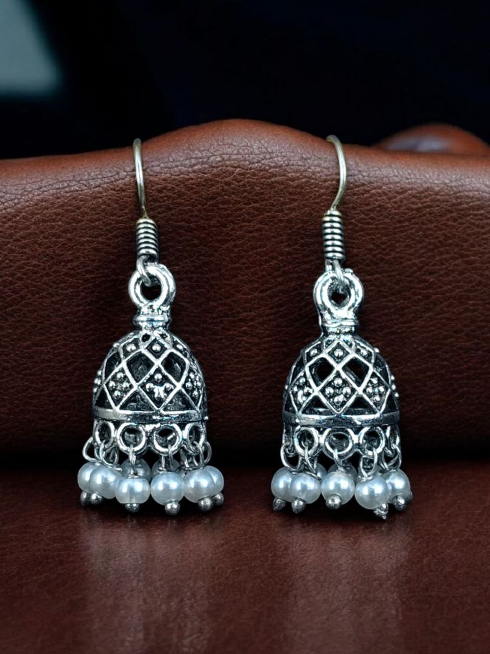 Unique Design Jhumki Earrings | Oxidized German Silver with Elegant Pearl Work Jewelry - Image 2