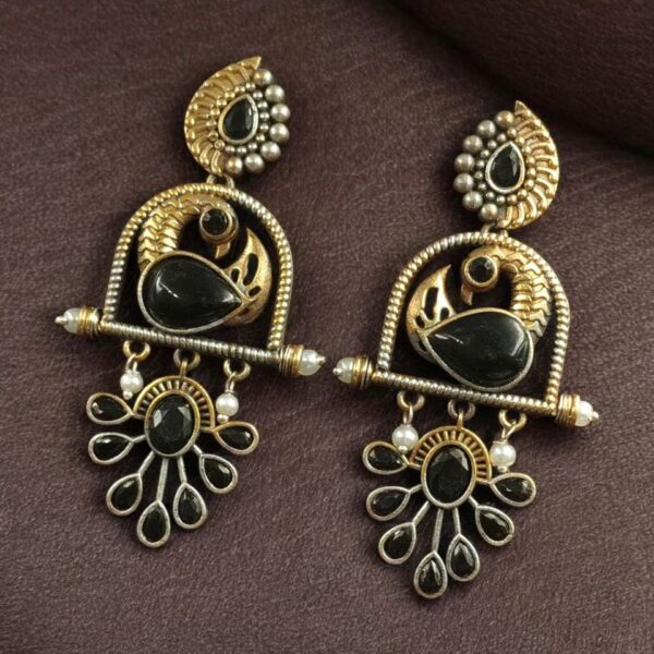 Traditional Ethnic Two-Tone Earrings | Pearl & Stone Antique Peacock Inspired Amazing Jewelry - "Black"