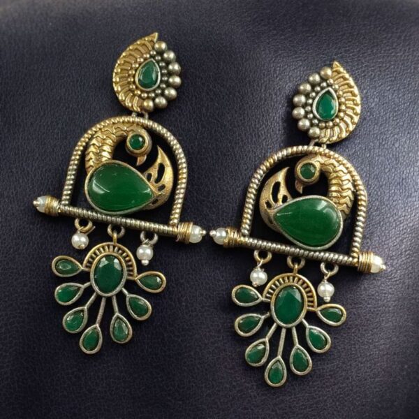 Traditional Ethnic Two-Tone Earrings | Pearl & Stone Antique Peacock Inspired Amazing Jewelry - "Green"