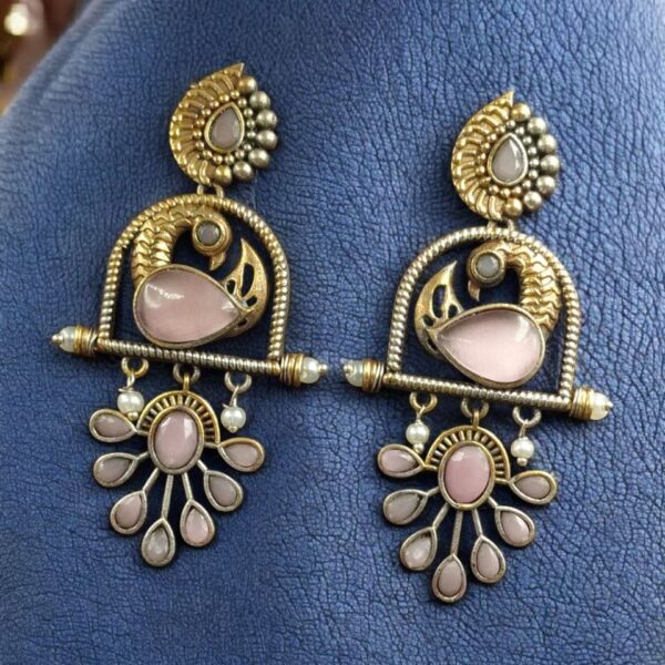 Traditional Ethnic Two-Tone Earrings | Pearl & Stone Antique Peacock Inspired Amazing Jewelry - "Baby Pink"