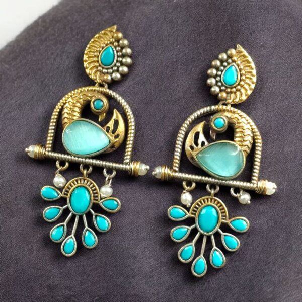 Traditional Ethnic Two-Tone Earrings | Pearl & Stone Antique Peacock Inspired Amazing Jewelry - "Aqua"