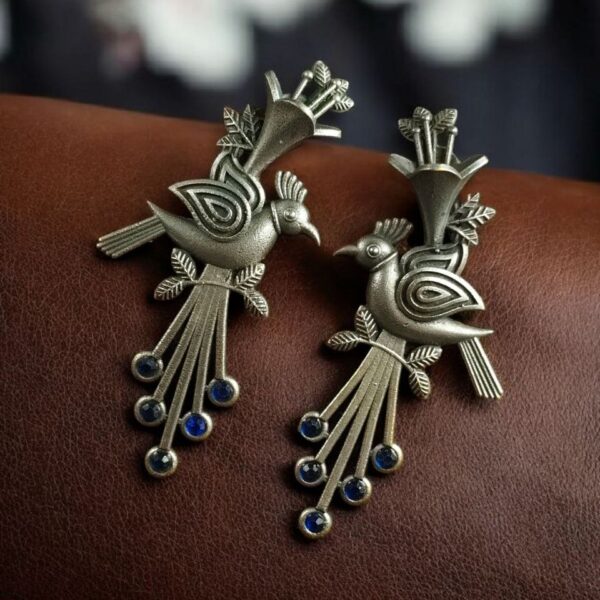 Stylish Bird Stud Earrings | Silver Replica with Stone Detailing Best Designer Jewelry - "Blue"