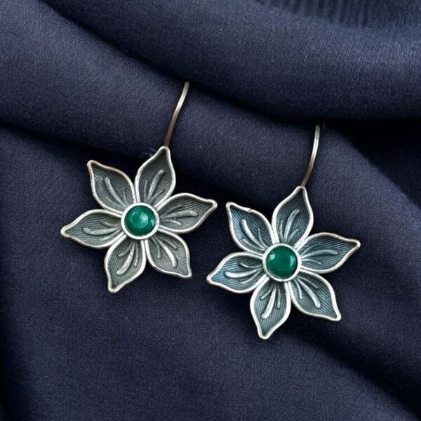 Oxidized Silver Plated Flower Hook Earrings | Dangler Daily Wear Amazing Jewelry - "Green"