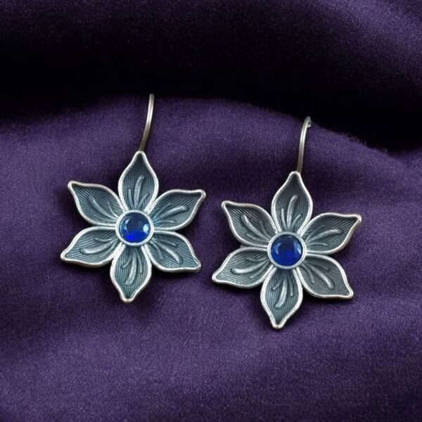 Oxidized Silver Plated Flower Hook Earrings | Dangler Daily Wear Amazing Jewelry - "Blue"