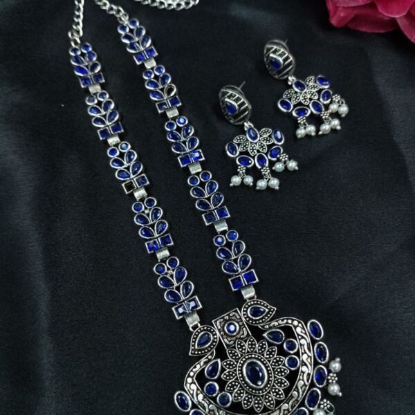 Traditional Oxidized Necklace Set | Pearl & Stone Detailing Handmade Perfect Party Wear Jewelry - "Blue"
