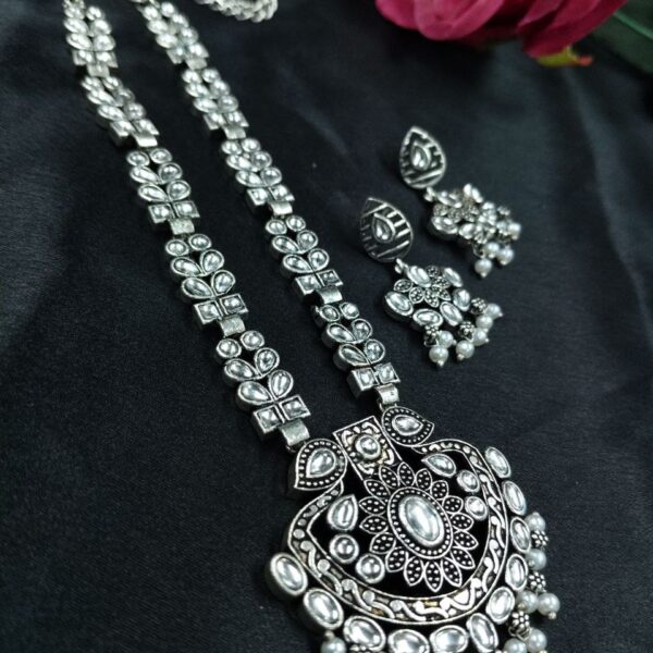 Traditional Oxidized Necklace Set | Pearl & Stone Detailing Handmade Perfect Party Wear Jewelry - "White"
