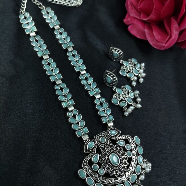 Traditional Oxidized Necklace Set | Pearl & Stone Detailing Handmade Perfect Party Wear Jewelry - "Mint"