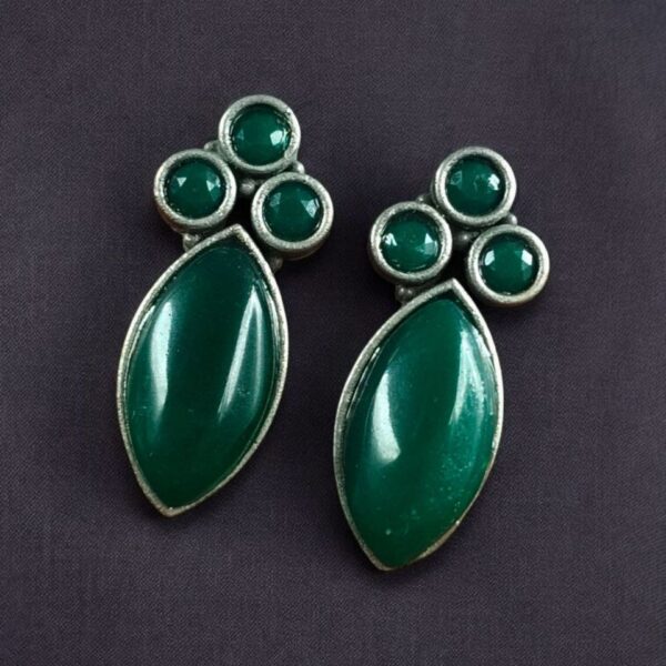 Monalisa Stone Silver Plated Stud Earrings | Oxidized Traditional Stylish Best Jewelry - "Green"