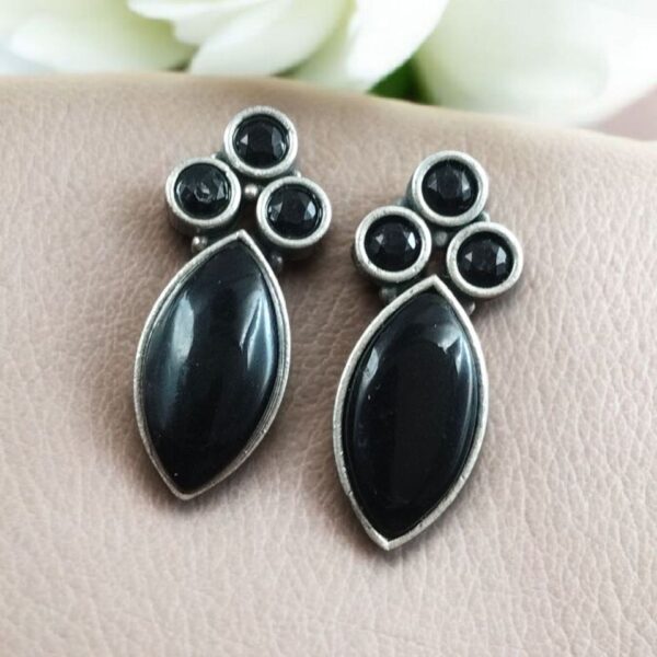 Monalisa Stone Silver Plated Stud Earrings | Oxidized Traditional Stylish Best Jewelry - "Black"