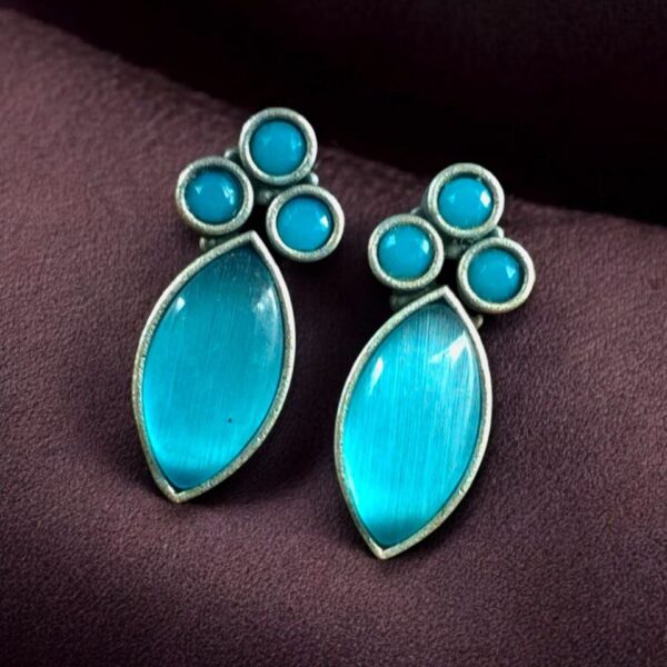 Monalisa Stone Silver Plated Stud Earrings | Oxidized Traditional Stylish Best Jewelry - "Aqua"