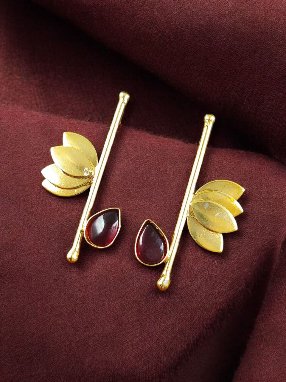 Handmade Gold Plated Lotus Stud Earrings | Monalisa Stone Ethnic Design Beautiful Jewelry - Image 4