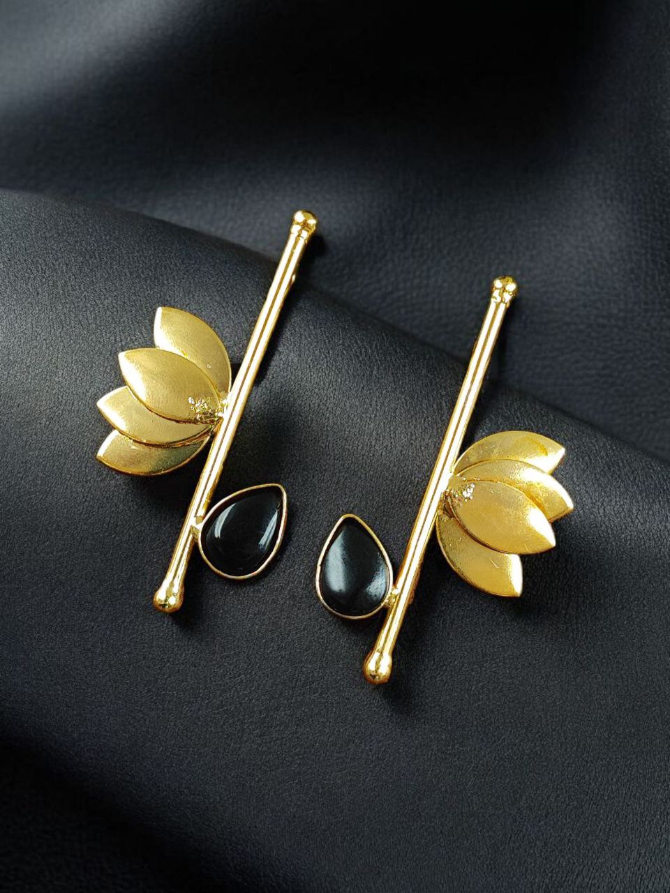 Handmade Gold Plated Lotus Stud Earrings | Monalisa Stone Ethnic Design Beautiful Jewelry - Image 3