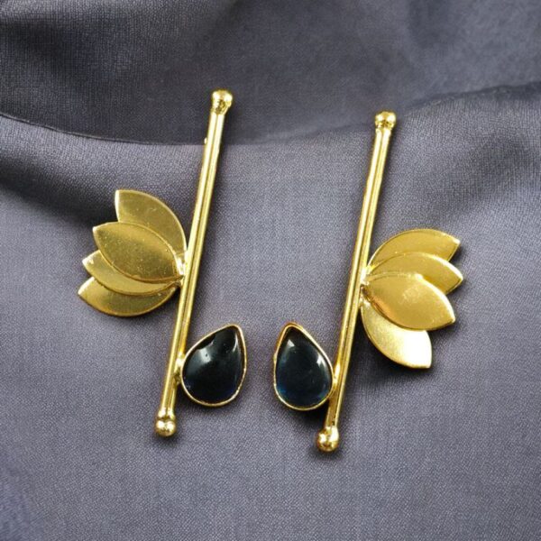 Handmade Gold Plated Lotus Stud Earrings | Monalisa Stone Ethnic Design Beautiful Jewelry - "Blue"