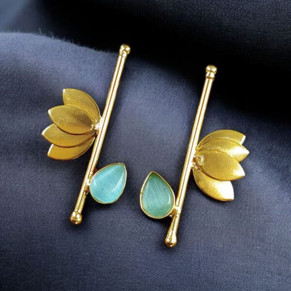 Handmade Gold Plated Lotus Stud Earrings | Monalisa Stone Ethnic Design Beautiful Jewelry - "Aqua"