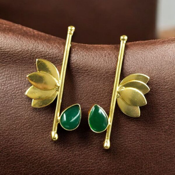 Handmade Gold Plated Lotus Stud Earrings | Monalisa Stone Ethnic Design Beautiful Jewelry - "Green"