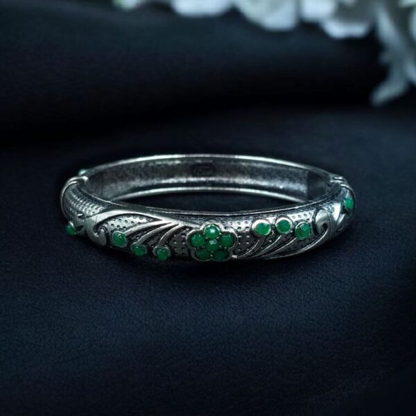 Ethnic Silver Plated Adjustable Bangle | Best Stone Work Openable Kada Jewelry - "Green"