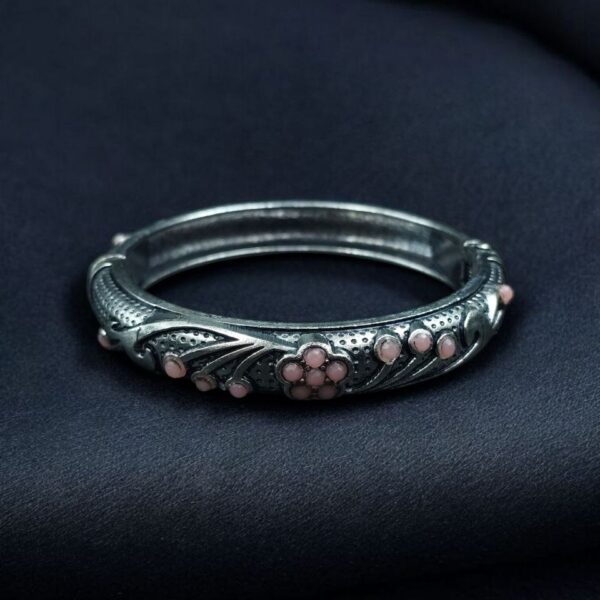 Ethnic Silver Plated Adjustable Bangle | Best Stone Work Openable Kada Jewelry - "Baby Pink"