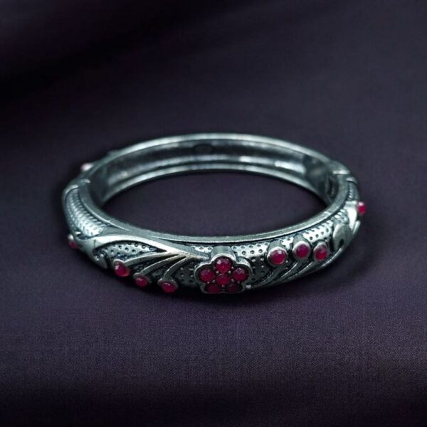 Ethnic Silver Plated Adjustable Bangle | Best Stone Work Openable Kada Jewelry - "Red"