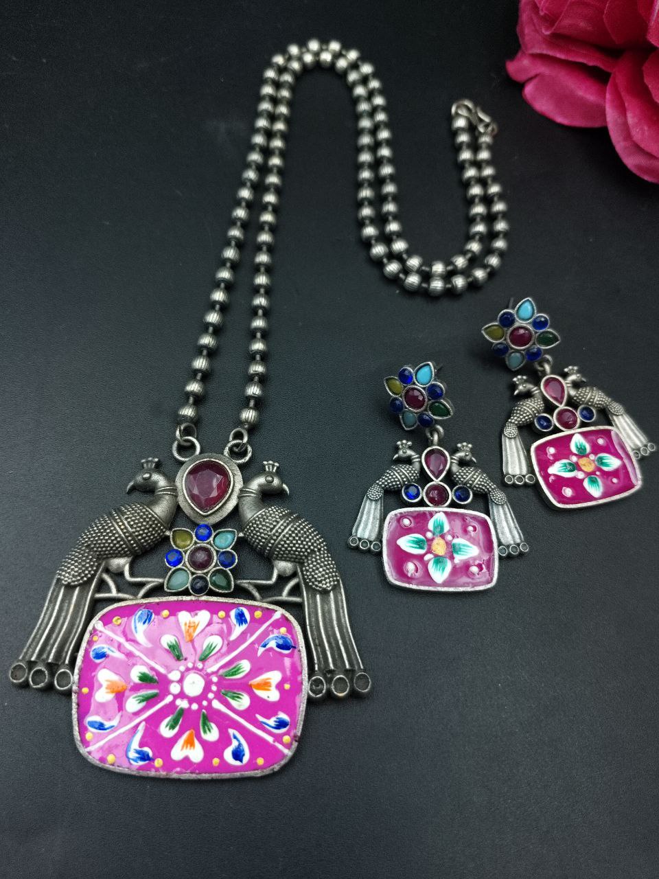 Traditional Best Hand Painted Peacock Necklace Set | Silver Plated Ethnic Jewelry with Stone Work - Image 11