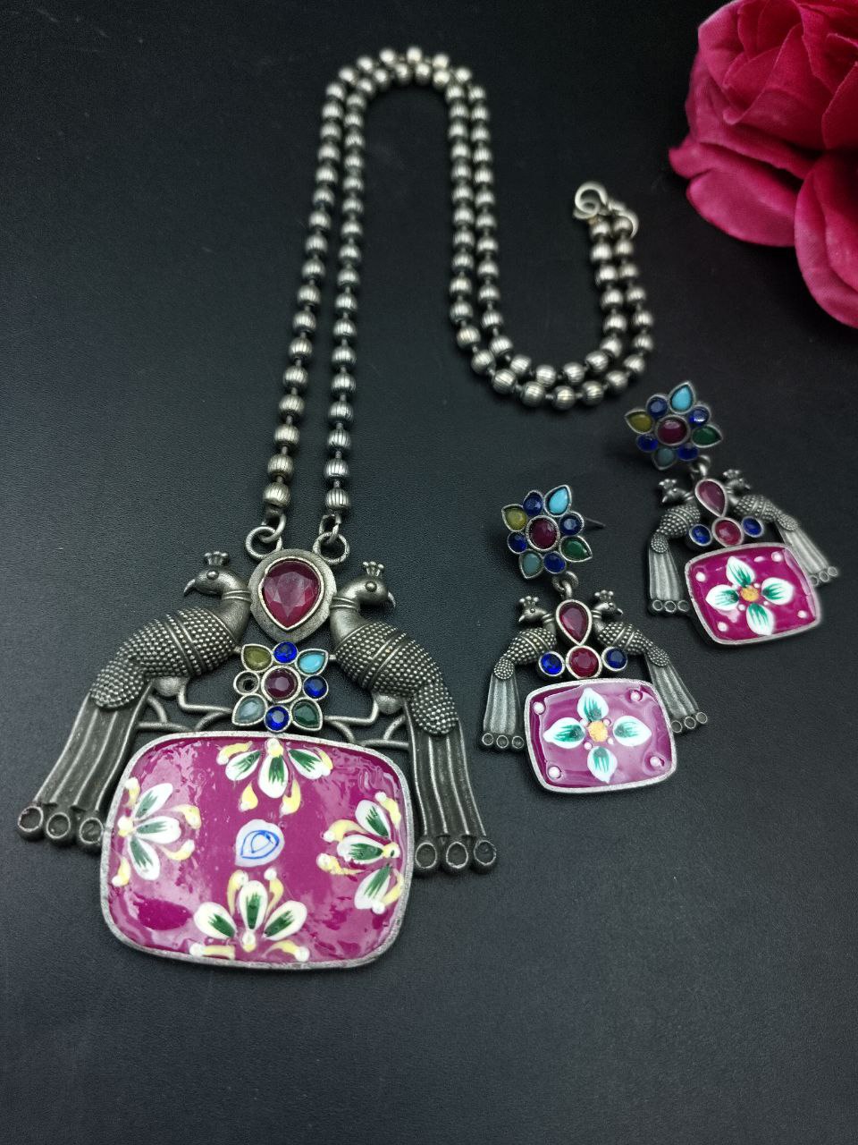 Traditional Best Hand Painted Peacock Necklace Set | Silver Plated Ethnic Jewelry with Stone Work - Image 9
