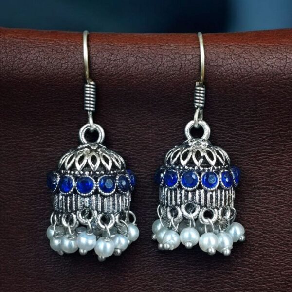 German Silver Pearl Jhumka Earrings | Stylish Stone Hook Danglers Ethnic Wear Amazing Jewelry - "Blue"