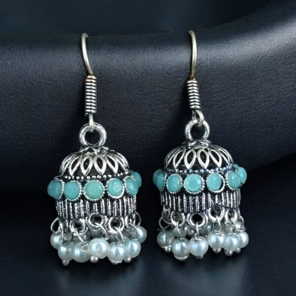 German Silver Pearl Jhumka Earrings | Stylish Stone Hook Danglers Ethnic Wear Amazing Jewelry - "Mint"
