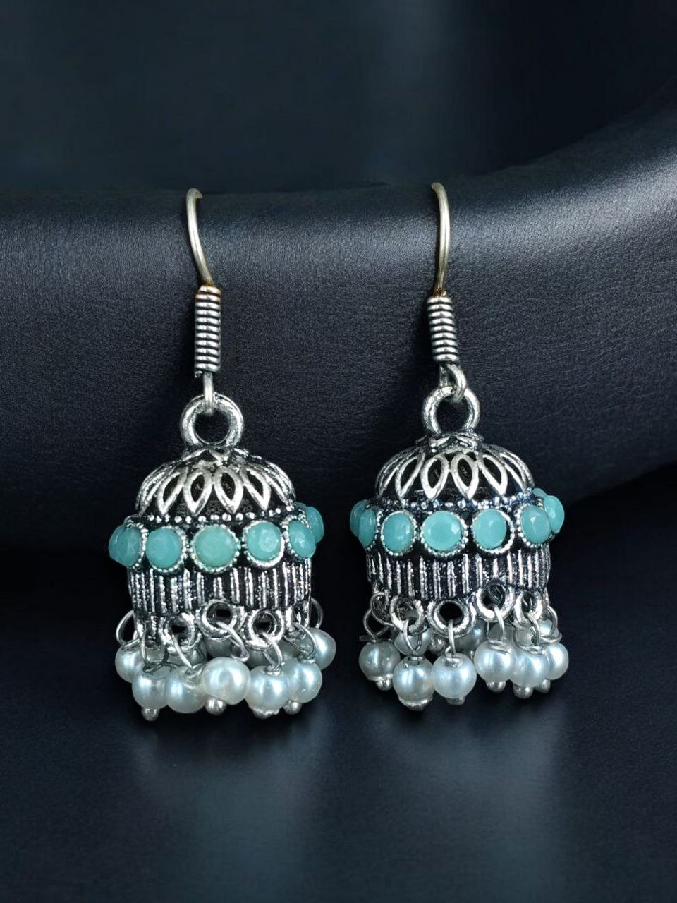 German Silver Pearl Jhumka Earrings | Stylish Stone Hook Danglers Ethnic Wear Amazing Jewelry - Image 3