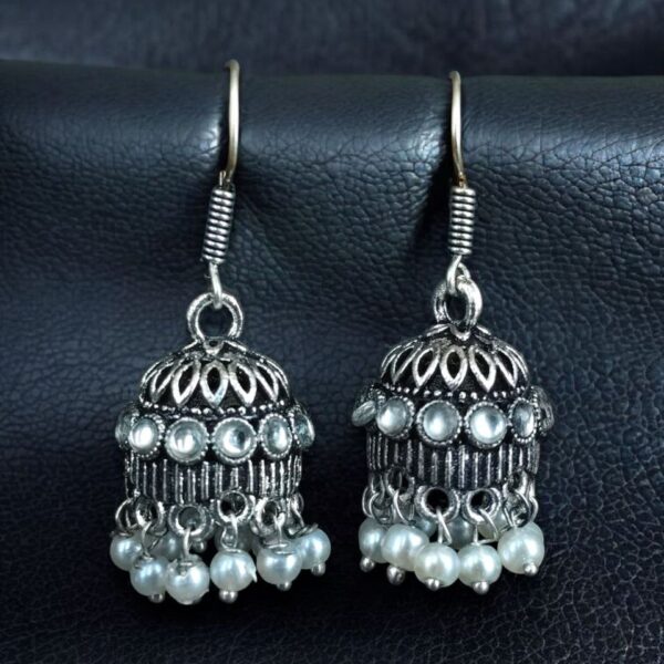 German Silver Pearl Jhumka Earrings | Stylish Stone Hook Danglers Ethnic Wear Amazing Jewelry - "White"