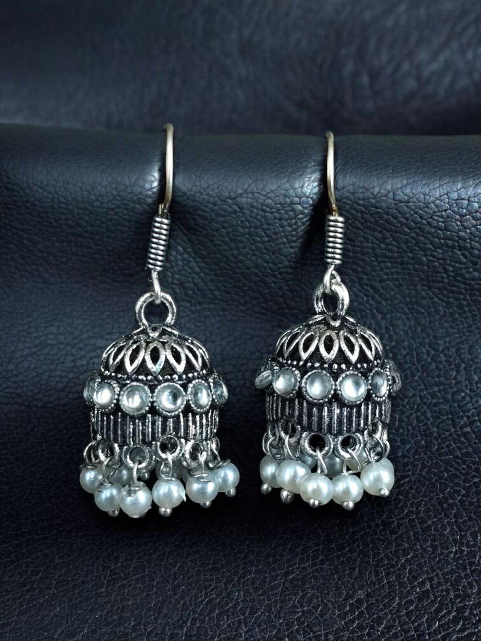 German Silver Pearl Jhumka Earrings | Stylish Stone Hook Danglers Ethnic Wear Amazing Jewelry - Image 5