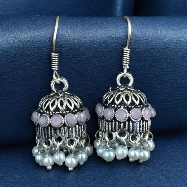 German Silver Pearl Jhumka Earrings | Stylish Stone Hook Danglers Ethnic Wear Amazing Jewelry - "Baby Pink"