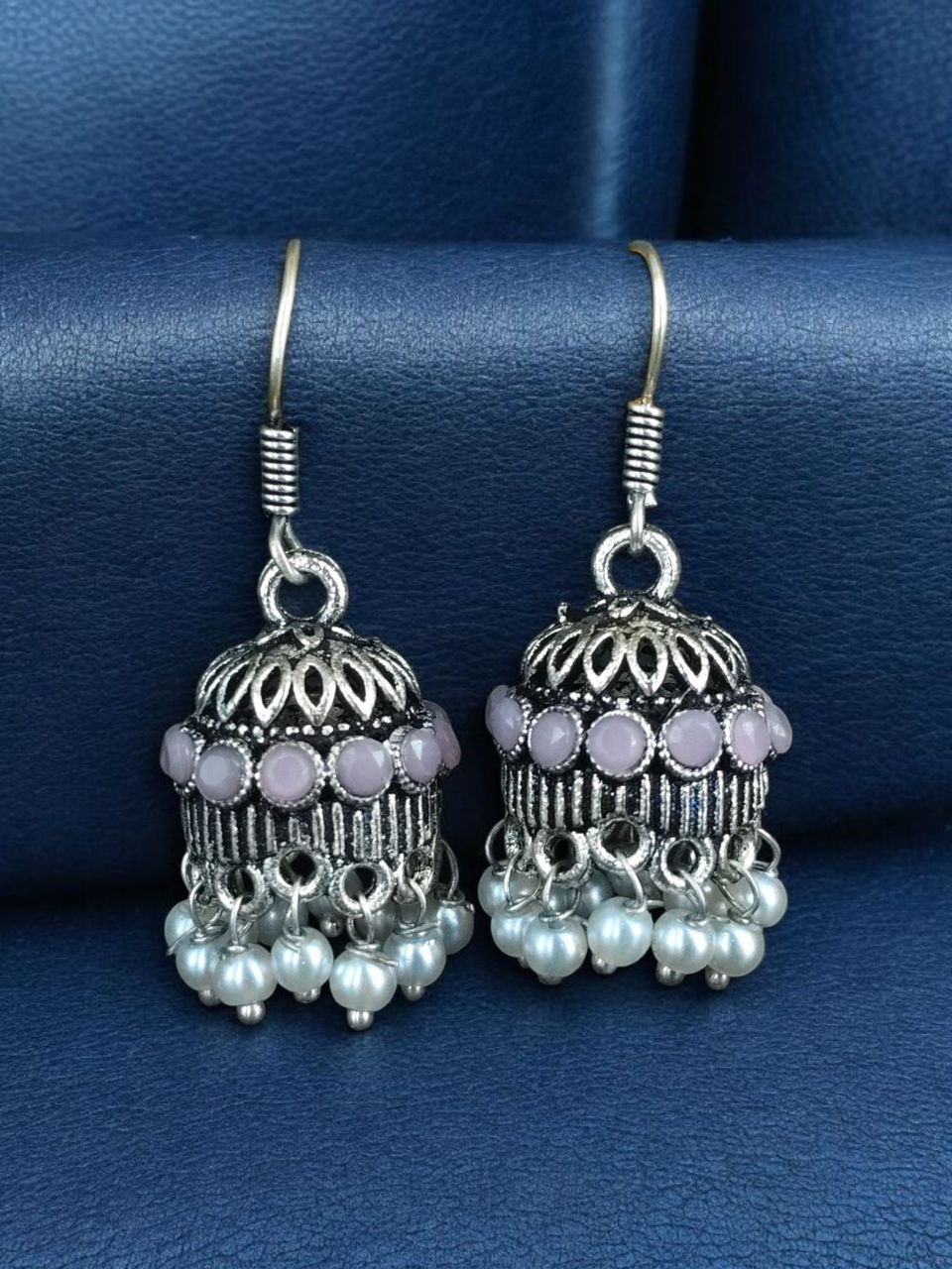 German Silver Pearl Jhumka Earrings | Stylish Stone Hook Danglers Ethnic Wear Amazing Jewelry - Image 4