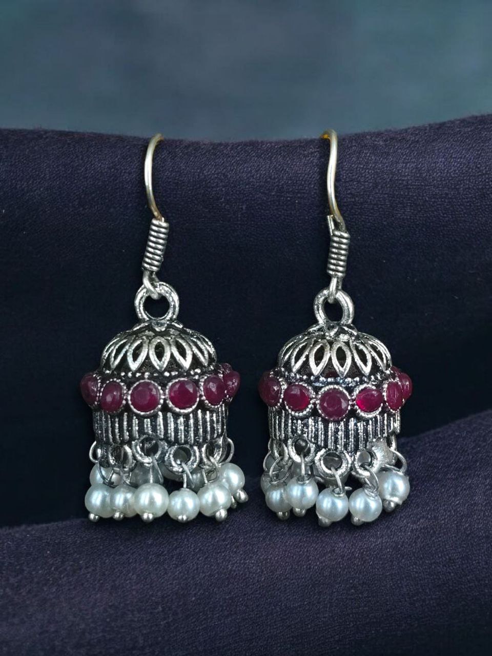 German Silver Pearl Jhumka Earrings | Stylish Stone Hook Danglers Ethnic Wear Amazing Jewelry - Image 8