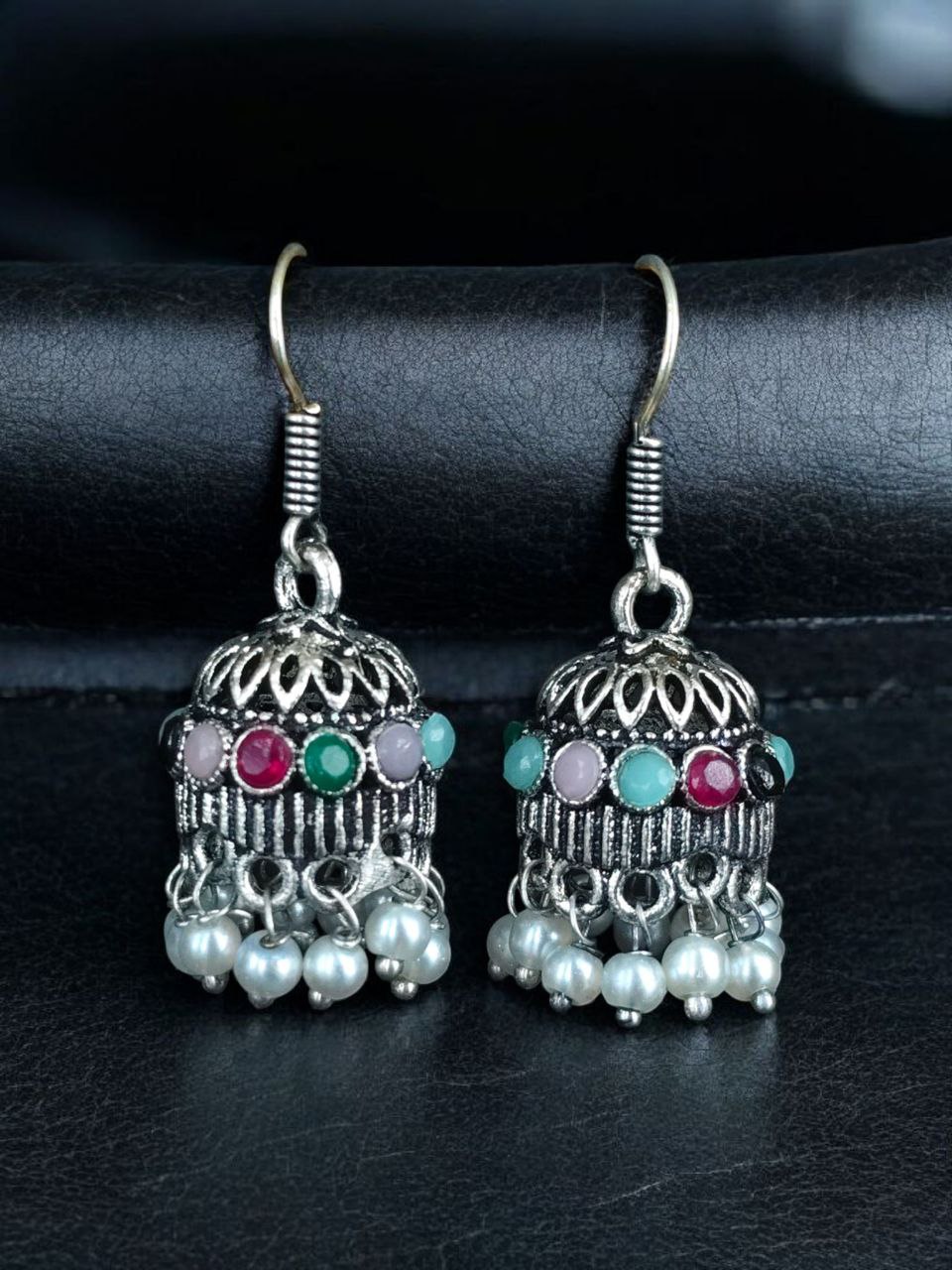 German Silver Pearl Jhumka Earrings | Stylish Stone Hook Danglers Ethnic Wear Amazing Jewelry - Image 6