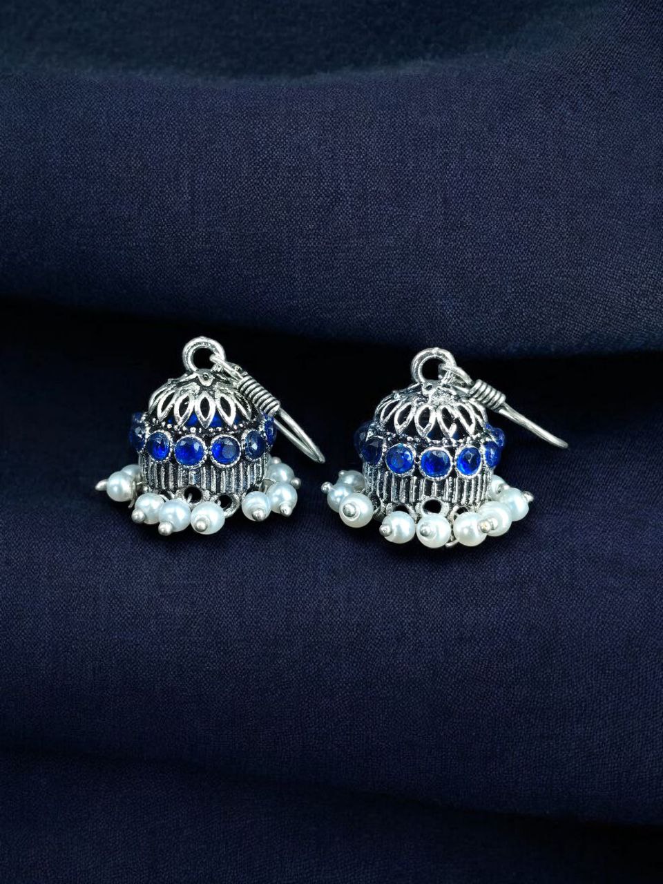 German Silver Pearl Jhumka Earrings | Stylish Stone Hook Danglers Ethnic Wear Amazing Jewelry - Image 2