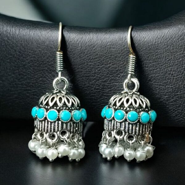 German Silver Pearl Jhumka Earrings | Stylish Stone Hook Danglers Ethnic Wear Amazing Jewelry - "Aqua"
