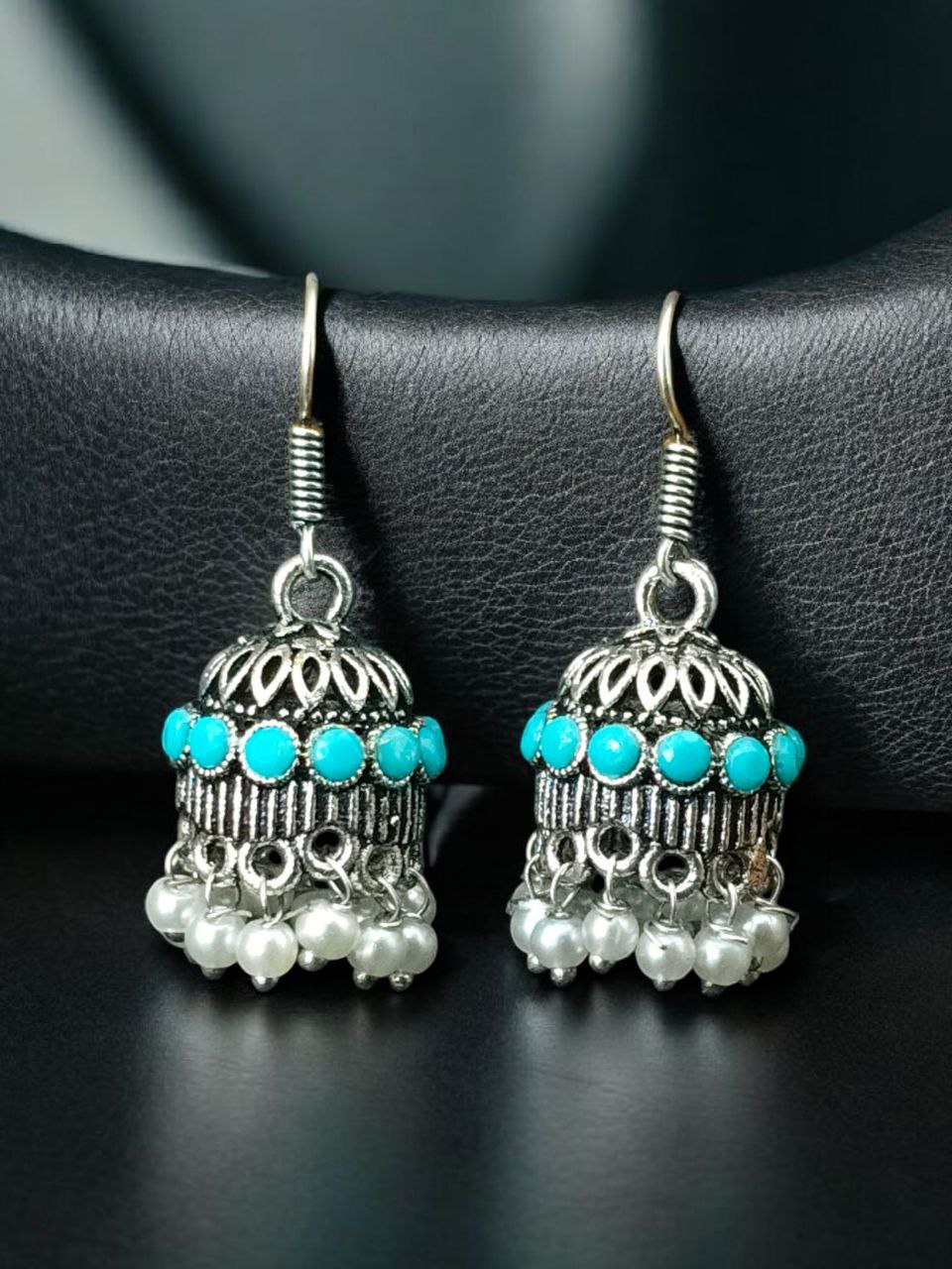 German Silver Pearl Jhumka Earrings | Stylish Stone Hook Danglers Ethnic Wear Amazing Jewelry - Image 11
