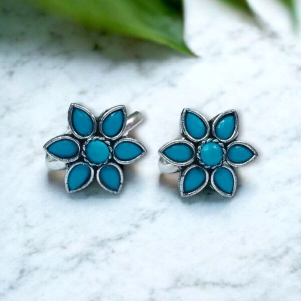 Traditional Flower Design Toe Ring | Oxidized Stone Work Best Jewelry - "Aqua"