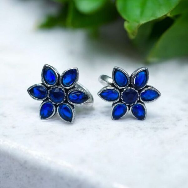 Traditional Flower Design Toe Ring | Oxidized Stone Work Best Jewelry - "Blue"